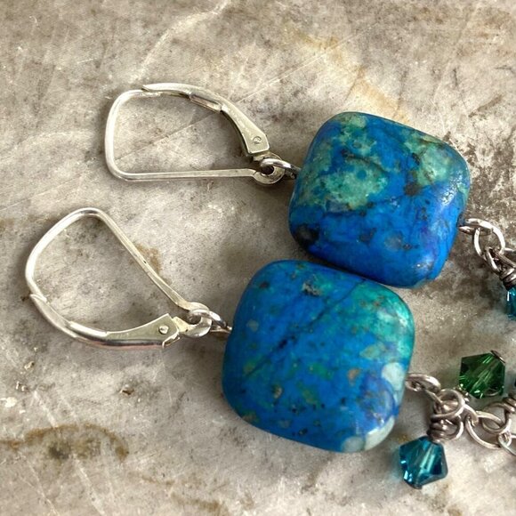 Sterling Silver 925 Square Azurite Bi-Cone Beaded Leverback Dangle Earrings - Picture 6 of 12